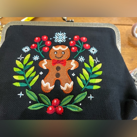 Festive Holiday Clutch/Crossbody or Wristlet with Gingerbread Embroidered Design